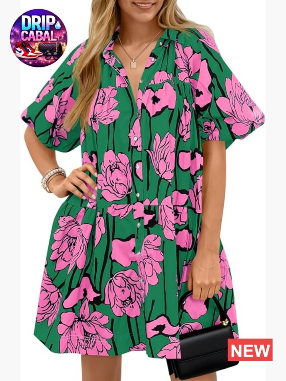 Women's Floral Puff Short Sleeve Button Down Shirt Dress Loose Fit Mini